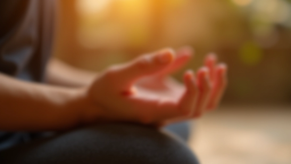Gros plan sur les mains en mudra de méditation, doigts délicatement positionnés, fond doux et flou, couleurs calmes