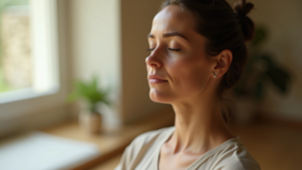 Gros plan sur le visage d'une femme en méditation, yeux fermés, expression sereine, dans un espace de méditation calme