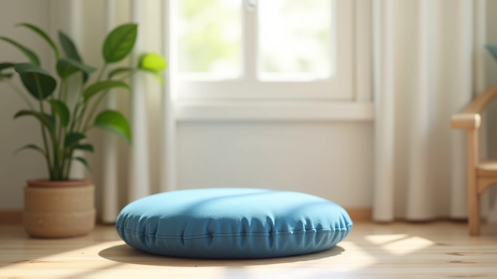 Coin de méditation avec coussin bleu, plante verte et fenêtre avec lumière douce