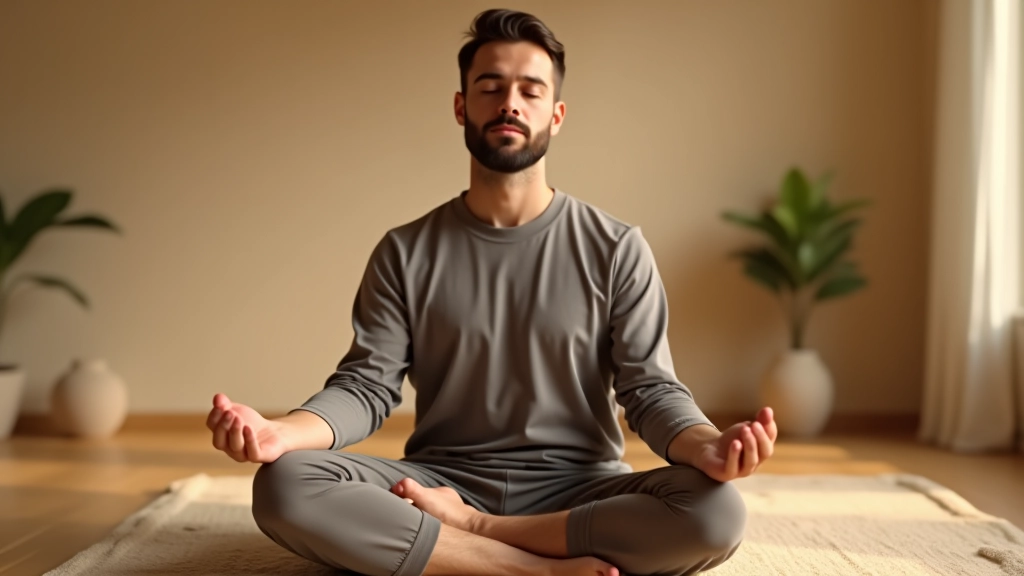 Homme âgé de 40 ans en position de méditation assise sur coussin, yeux fermés, expression paisible, studio de méditation calme