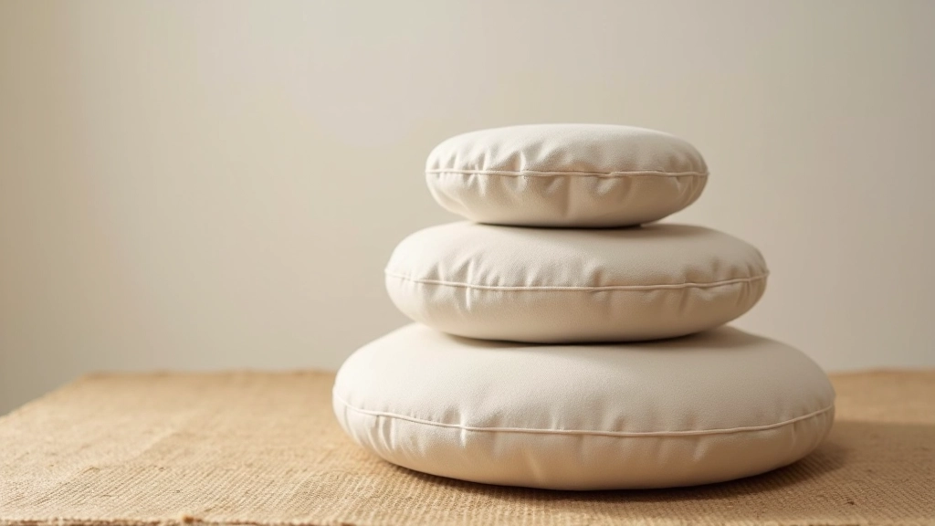 Détail de coussins de méditation bleu et violet empilés sur un tapis en jute naturel