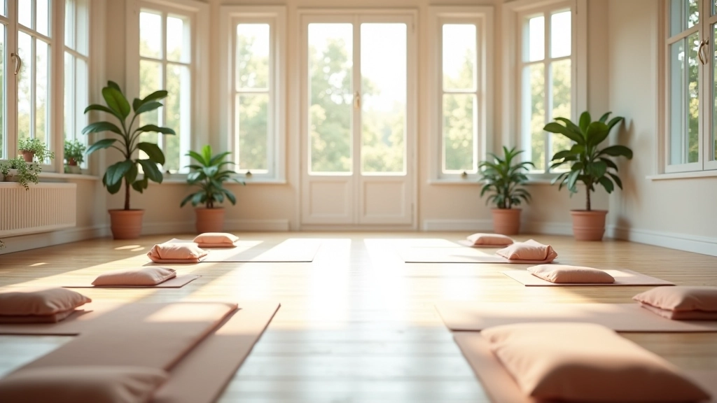 Vue d'une salle de méditation à Grenoble avec tapis, coussins et lumière naturelle