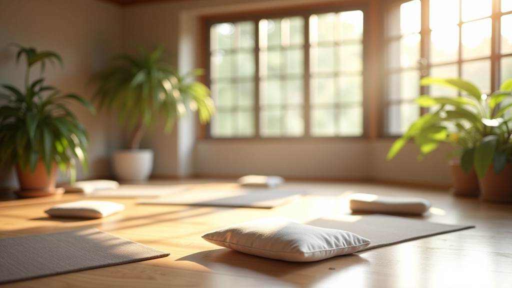 Studio de méditation à Grenoble avec lumière naturelle, coussins de méditation et ambiance sereine