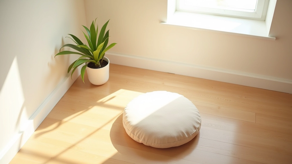 Vue aérienne d'un espace de méditation avec coussin, plante verte et lumière naturelle