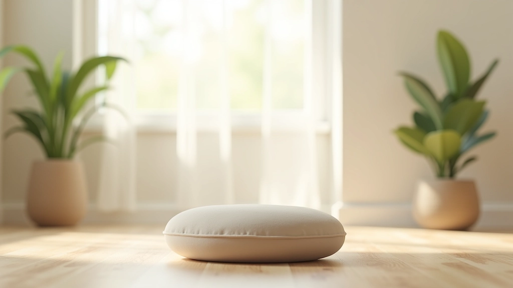 Environnement de méditation calme avec coussin, plante verte, et lumière naturelle douce