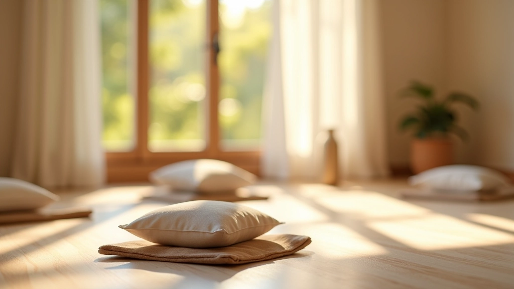 Studio de méditation calme avec coussins de méditation et ambiance apaisante