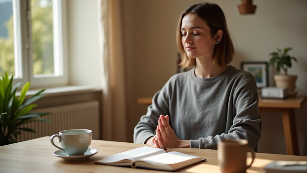 Personne assise à son bureau avec un carnet et un café, lumière naturelle douce