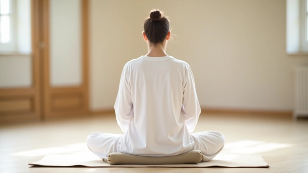 Personne assise sur un coussin de méditation en position seiza japonaise, posture verticale, environnement zen