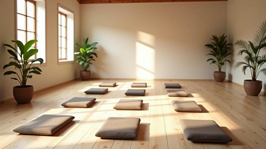 Salle de méditation spacieuse avec coussins colorés, éclairage doux et décoration zen