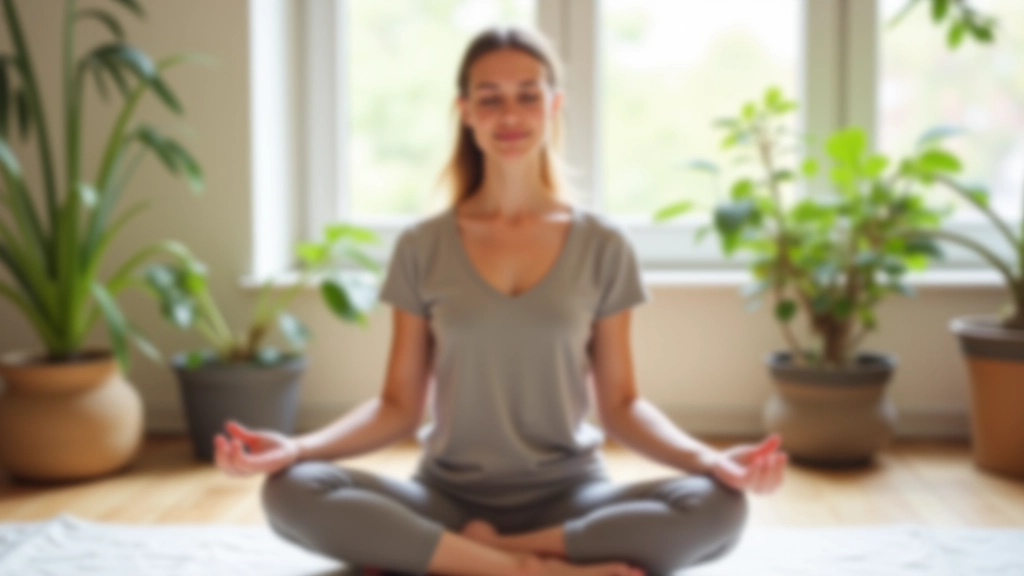 Femme âgée de 35 ans pratiquant la respiration abdominale en posture de méditation assise, lumière naturelle, focus net