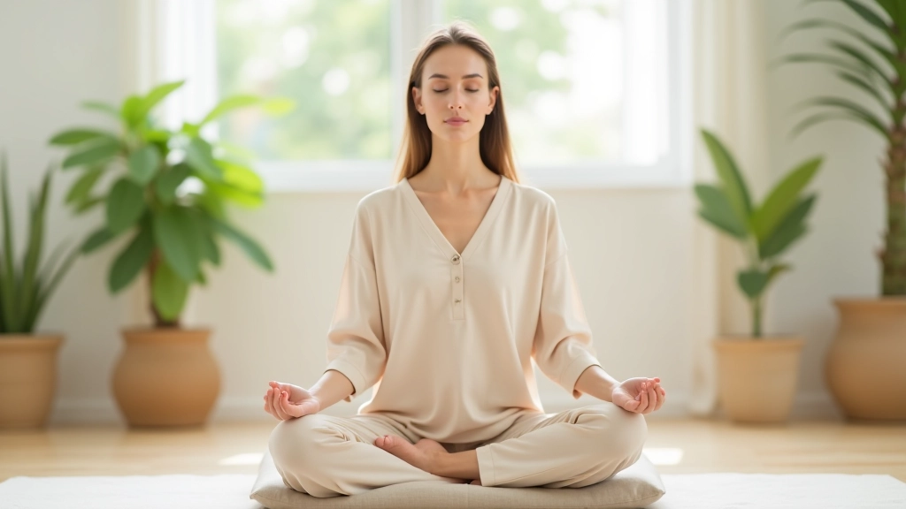 Personne assise en position de lotus dans un environnement calme et lumineux avec des plantes vertes